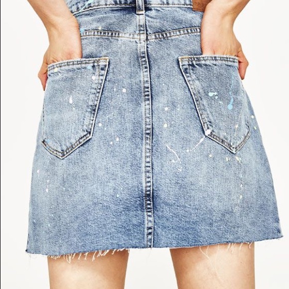 Zara Paint Splattered Denim Skirt with Front Slit - Size Small - Picture 4 of 11